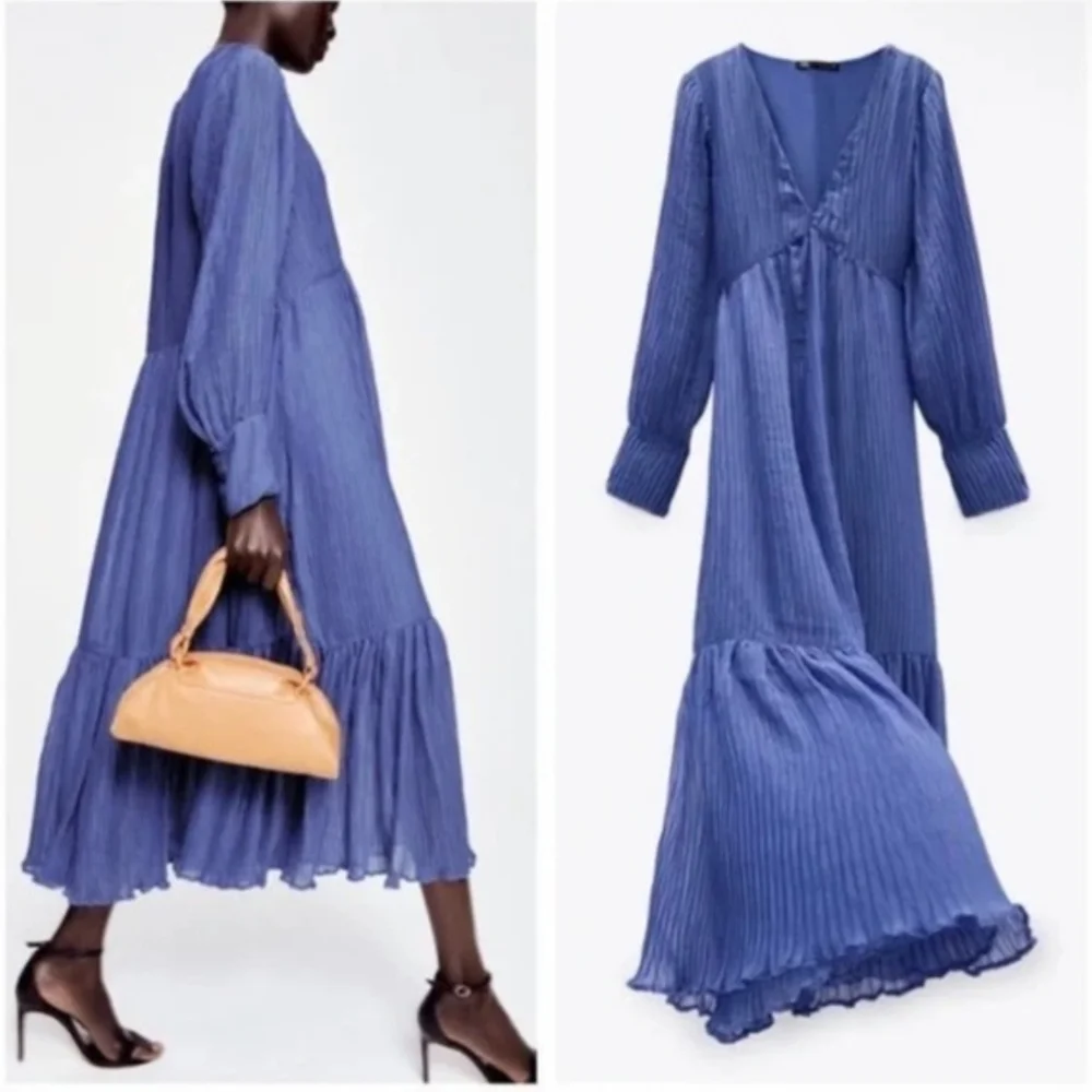 Zara Blue Pleated Maxi Dress - Picture 1 of 5